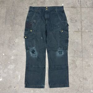 Distressed Black Carhartt Ripstop Double Knee Cargo Pants 33x30 Relaxed Fit Work